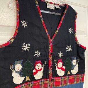 Cotton Snowman Christmas Holiday Vest Womens L Black Red Plaid Denim‎ Party Snow